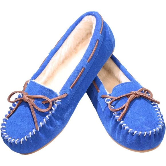 Women's Blue Leather Faux Fur Pile lined lace Up Cozy Bow Warm Slippers Boot - Picture 1 of 5